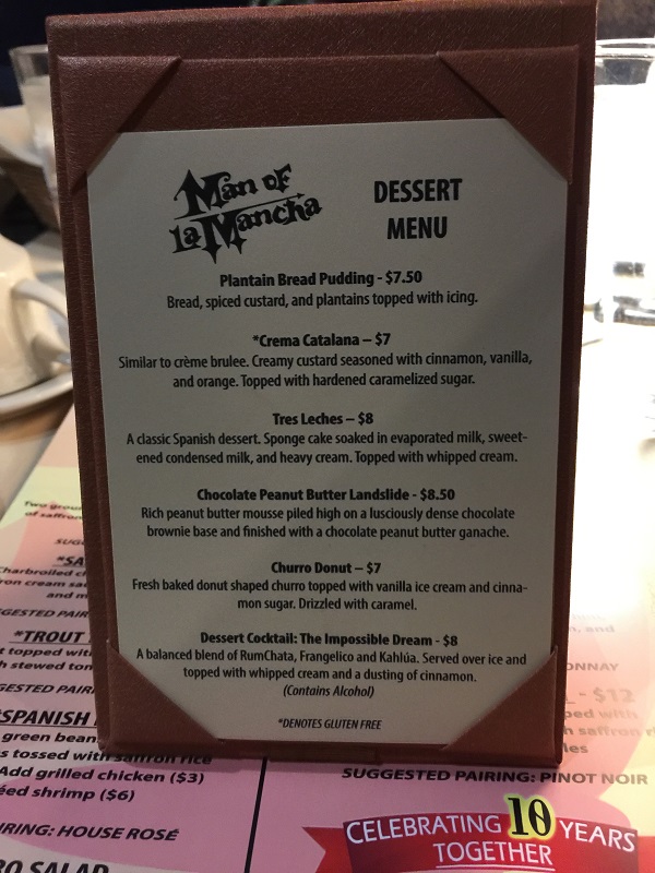The themed dessert menu for Man of La Mancha