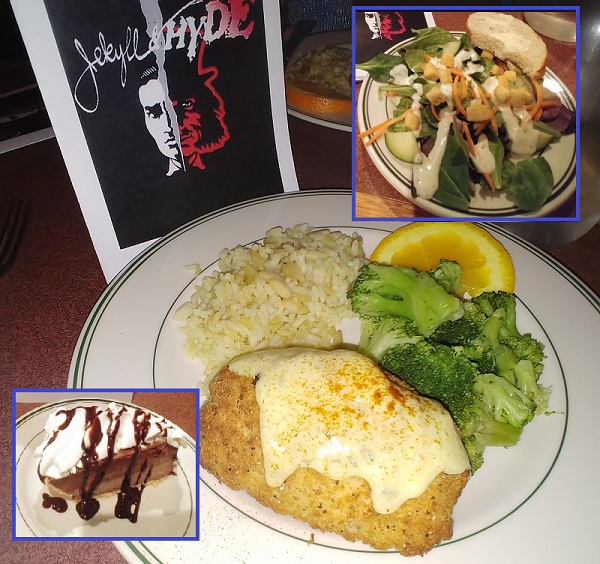 Garden salad, Chicken Cordon Bleu, and Chocolate Mousse Pie at the Jesters